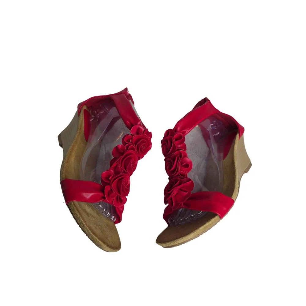 Patrizia by Spring Step Harlequin-R Red Floral Rosette Wedge Sandals EU 42 US 11